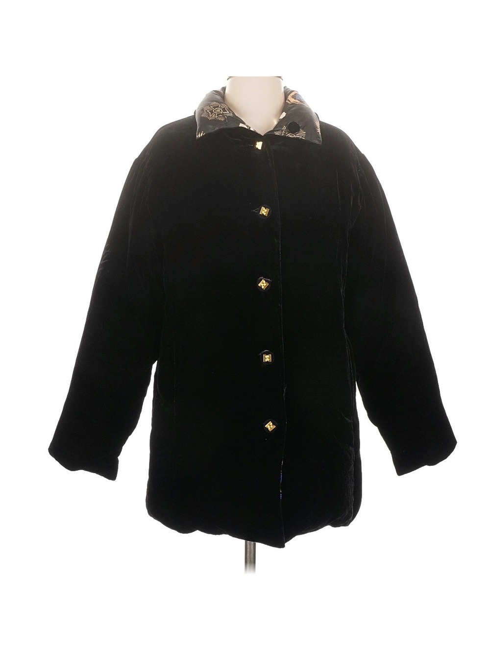 ies and New Hess Black Velvet Puffer Coat Jacket Gold Crest Buttons Size Small